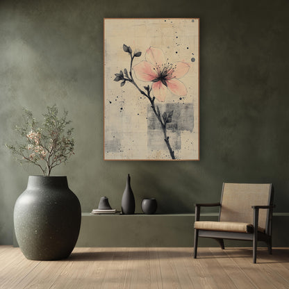 Inked Bud Stem Peach Bloom wall art in a calm Japandi-style room – pink blossom on a thin black inked branch