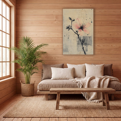 Inked Bud Stem Peach Bloom wall art in a calm Japandi-style room – pink blossom on a thin black inked branch