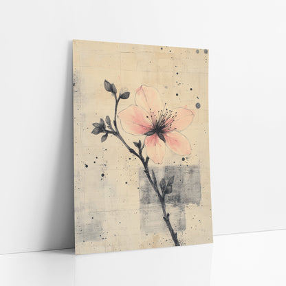 Inked Bud Stem Peach Bloom art print leaning against a white wall – pink blossom on a thin black inked branch with buds, set