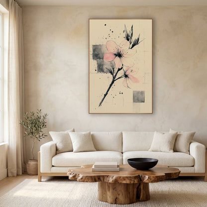 Twin Blooms Ink Squares Japandi wall art in a calm Japandi-style room – pale pink blossoms on a slanted black ink