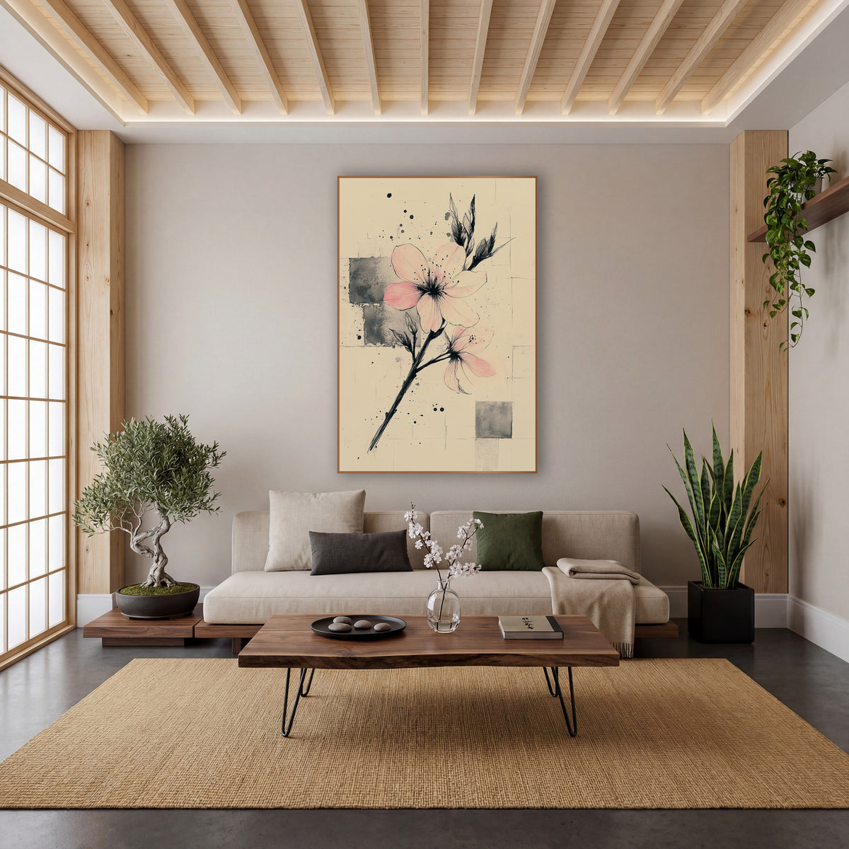 Twin Blooms Ink Squares Japandi wall art in a calm Japandi-style room – pale pink blossoms on a slanted black ink