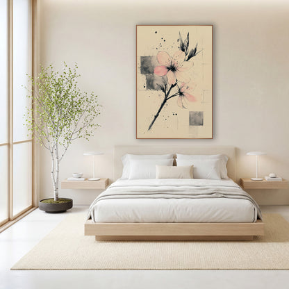Twin Blooms Ink Squares Japandi wall art in a calm Japandi-style room – pale pink blossoms on a slanted black ink