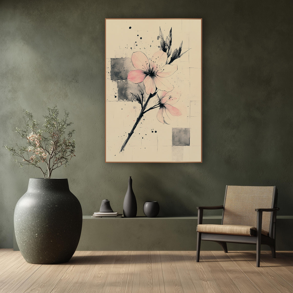 Twin Blooms Ink Squares Japandi wall art in a calm Japandi-style room – pale pink blossoms on a slanted black ink