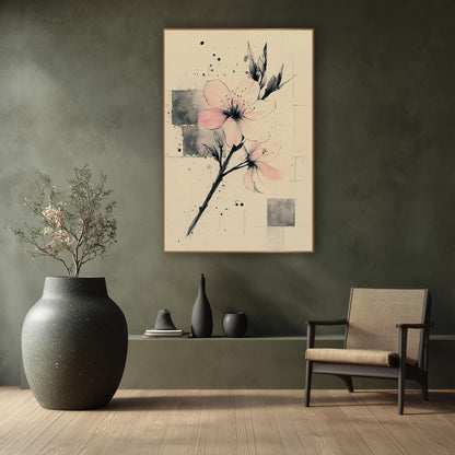 Twin Blooms Ink Squares Japandi wall art in a calm Japandi-style room – pale pink blossoms on a slanted black ink