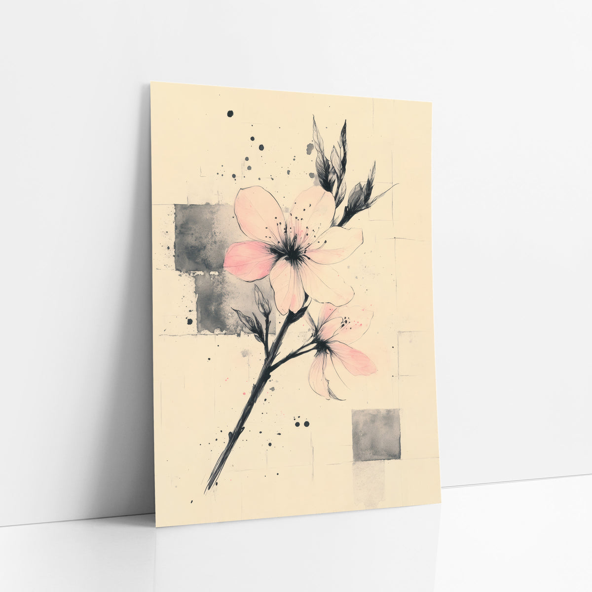 Twin Blooms Ink Squares Japandi art print leaning against a white wall – pale pink blossoms on a slanted black ink branch