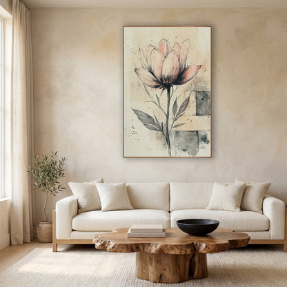 Blush Open Tulip Sketch Japandi wall art in a calm Japandi-style room – blush-pink flower with black ink line details