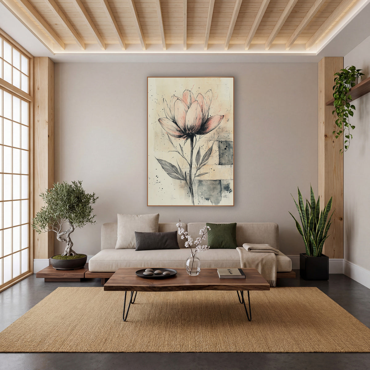 Blush Open Tulip Sketch Japandi wall art in a calm Japandi-style room – blush-pink flower with black ink line details