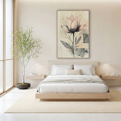 Blush Open Tulip Sketch Japandi wall art in a calm Japandi-style room – blush-pink flower with black ink line details