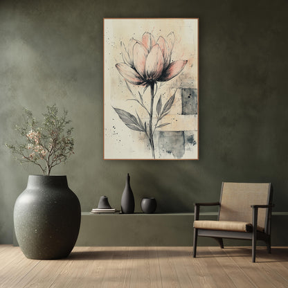 Blush Open Tulip Sketch Japandi wall art in a calm Japandi-style room – blush-pink flower with black ink line details
