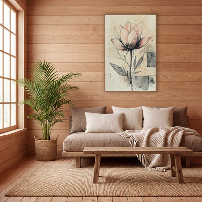 Blush Open Tulip Sketch Japandi wall art in a calm Japandi-style room – blush-pink flower with black ink line details