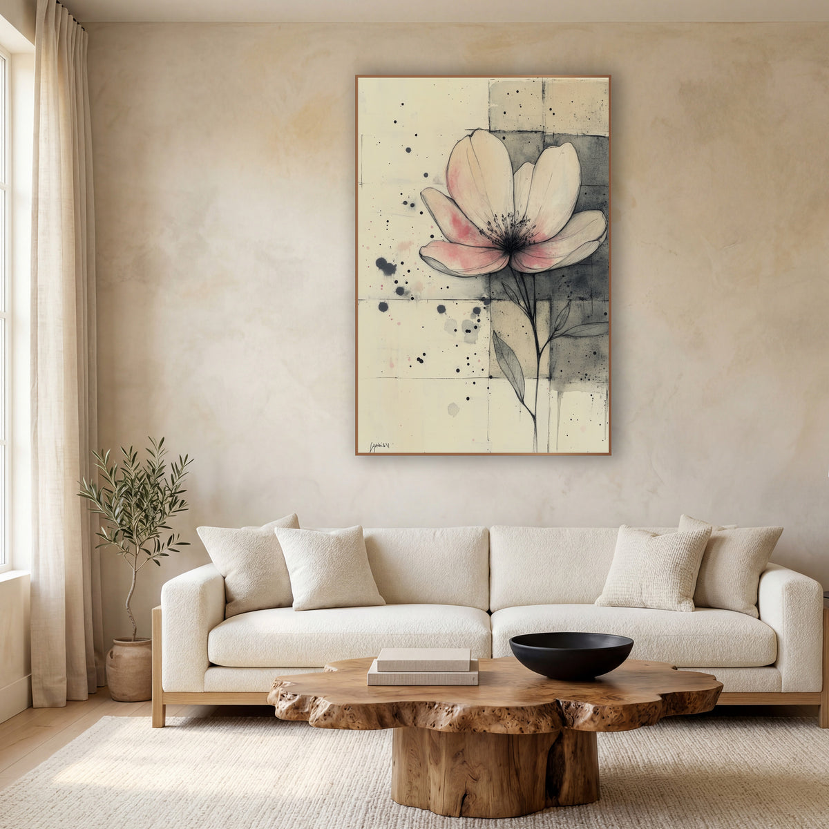 Blush Bloom Gridwork Ink Study wall art in a calm Japandi-style room – pink-tinged flower in fine ink lines on cream