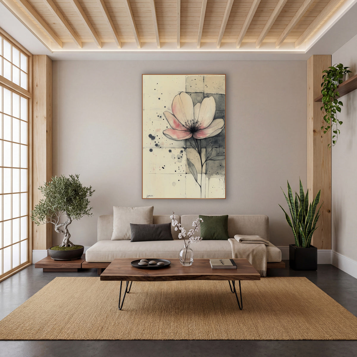 Blush Bloom Gridwork Ink Study wall art in a calm Japandi-style room – pink-tinged flower in fine ink lines on cream