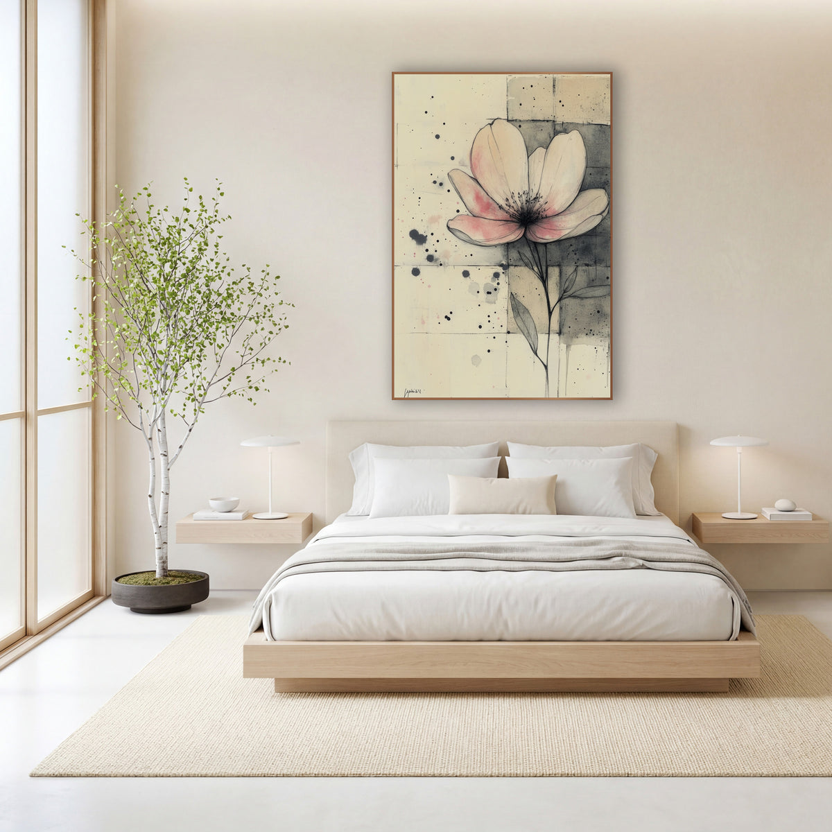 Blush Bloom Gridwork Ink Study wall art in a calm Japandi-style room – pink-tinged flower in fine ink lines on cream