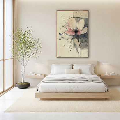 Blush Bloom Gridwork Ink Study wall art in a calm Japandi-style room – pink-tinged flower in fine ink lines on cream