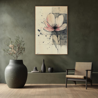 Blush Bloom Gridwork Ink Study wall art in a calm Japandi-style room – pink-tinged flower in fine ink lines on cream