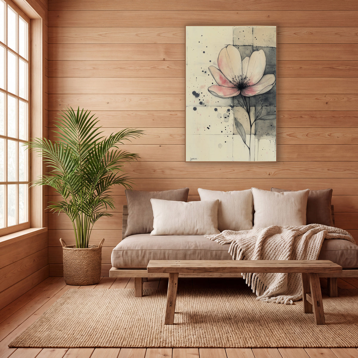 Blush Bloom Gridwork Ink Study wall art in a calm Japandi-style room – pink-tinged flower in fine ink lines on cream