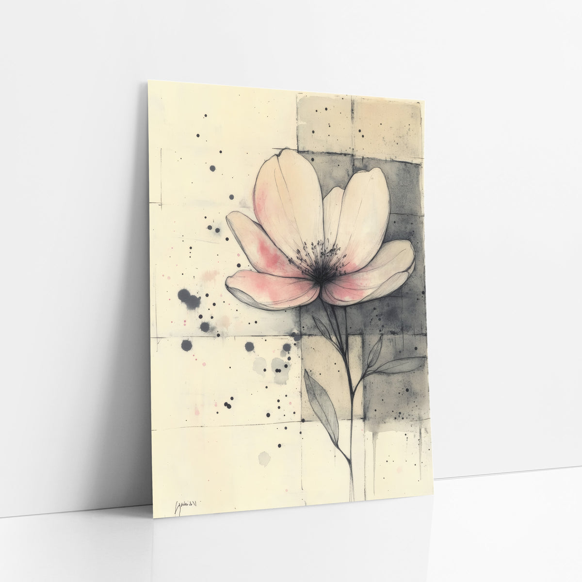 Blush Bloom Gridwork Ink Study art print leaning against a white wall – pink-tinged flower in fine ink lines on cream
