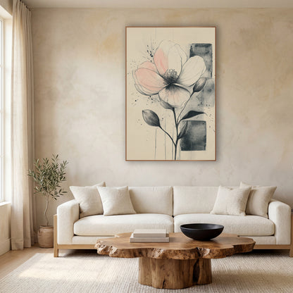Blush Flower Twin Buds Sketch wall art in a calm Japandi-style room – ink sketch of a large blush pink flower