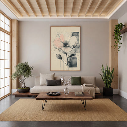 Blush Flower Twin Buds Sketch wall art in a calm Japandi-style room – ink sketch of a large blush pink flower