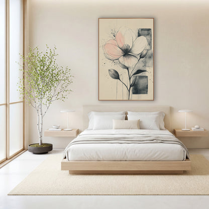 Blush Flower Twin Buds Sketch wall art in a calm Japandi-style room – ink sketch of a large blush pink flower