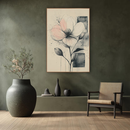 Blush Flower Twin Buds Sketch wall art in a calm Japandi-style room – ink sketch of a large blush pink flower