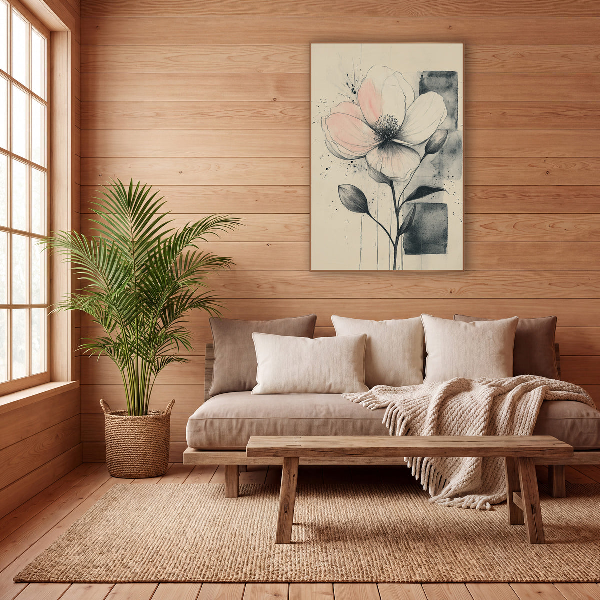 Blush Flower Twin Buds Sketch wall art in a calm Japandi-style room – ink sketch of a large blush pink flower