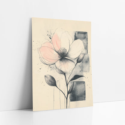 Blush Flower Twin Buds Sketch art print leaning against a white wall – ink sketch of a large blush pink flower with leaves