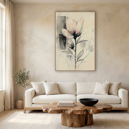 Blush Bud Pair Gray Japandi wall art in a calm Japandi-style room – ink drawing of an open flower with pale pink