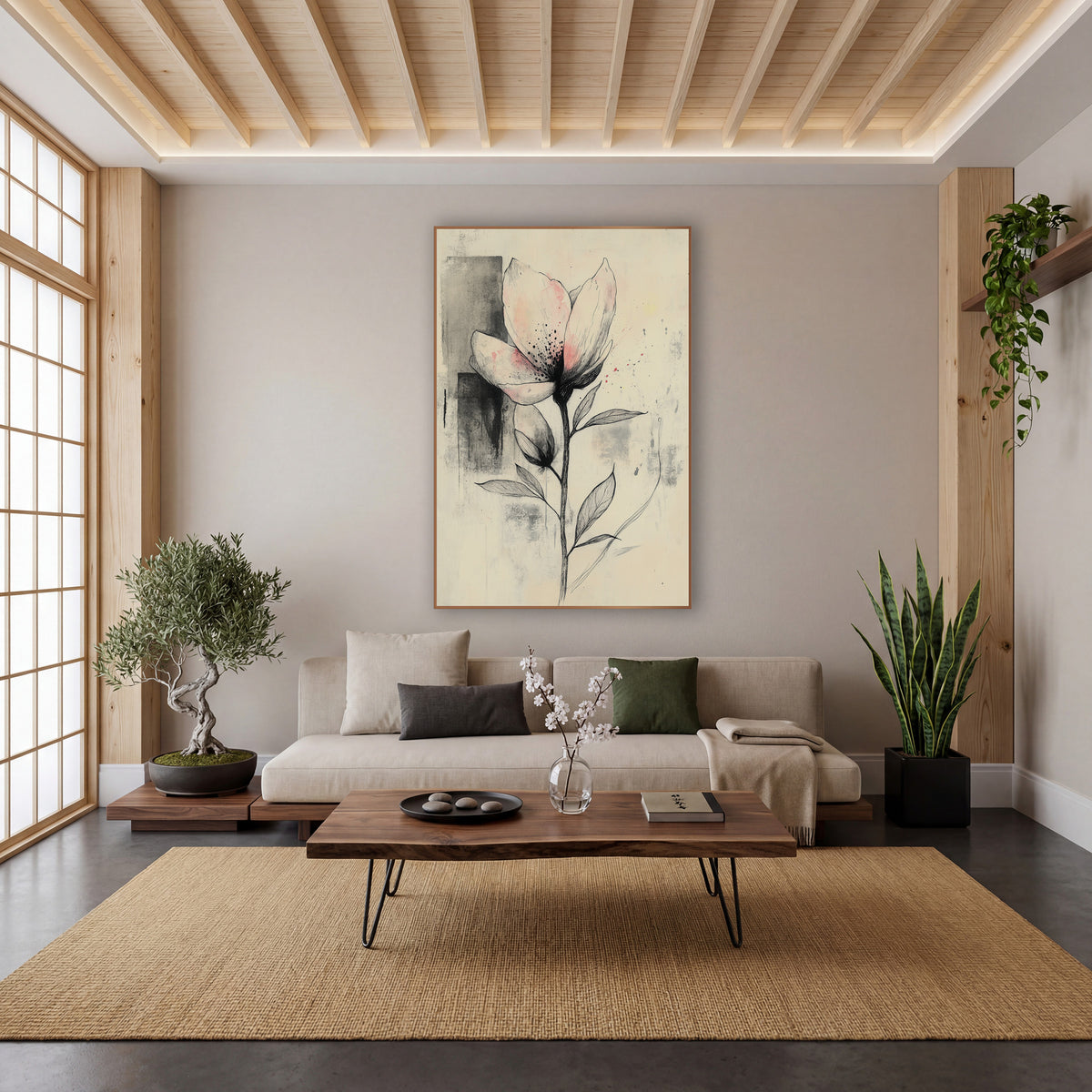Blush Bud Pair Gray Japandi wall art in a calm Japandi-style room – ink drawing of an open flower with pale pink