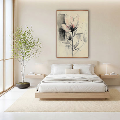 Blush Bud Pair Gray Japandi wall art in a calm Japandi-style room – ink drawing of an open flower with pale pink