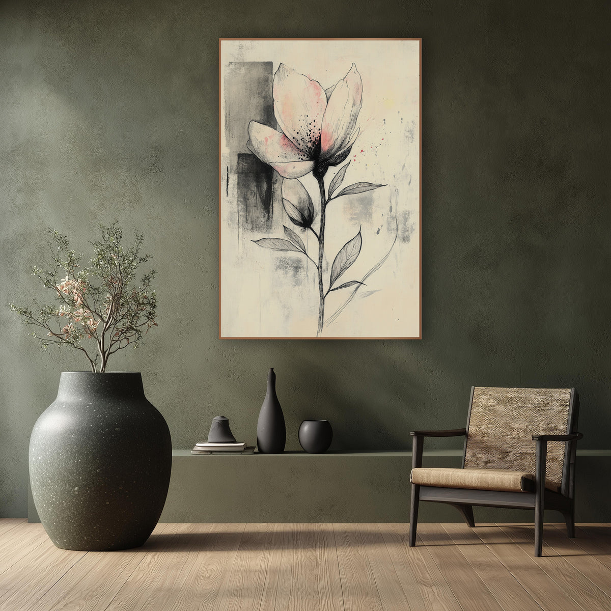 Blush Bud Pair Gray Japandi wall art in a calm Japandi-style room – ink drawing of an open flower with pale pink