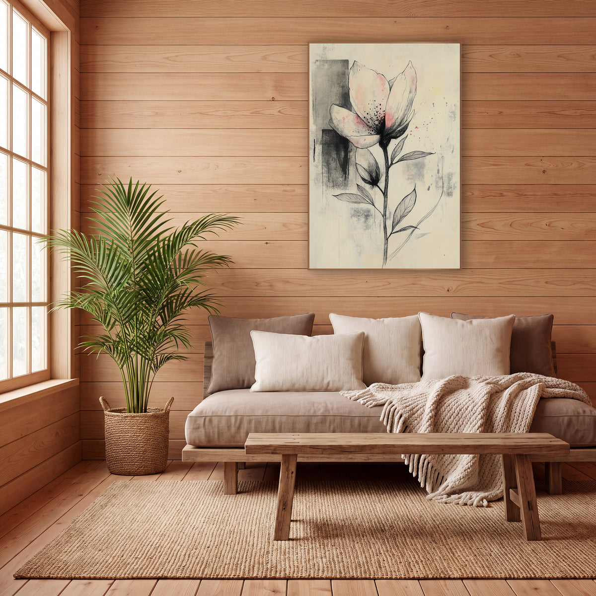 Blush Bud Pair Gray Japandi wall art in a calm Japandi-style room – ink drawing of an open flower with pale pink
