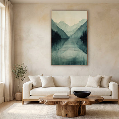 Misty Mountain Lake Japandi wall art in a calm Japandi-style room – misty mountain lake with dark evergreens, pale