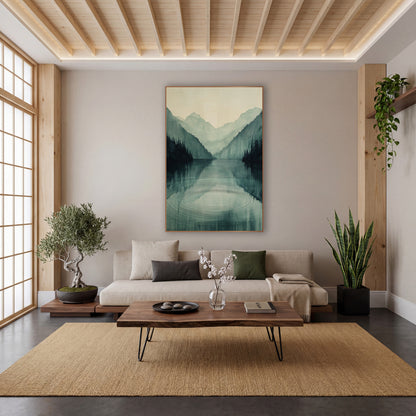 Misty Mountain Lake Japandi wall art in a calm Japandi-style room – misty mountain lake with dark evergreens, pale