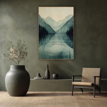 Misty Mountain Lake Japandi wall art in a calm Japandi-style room – misty mountain lake with dark evergreens, pale