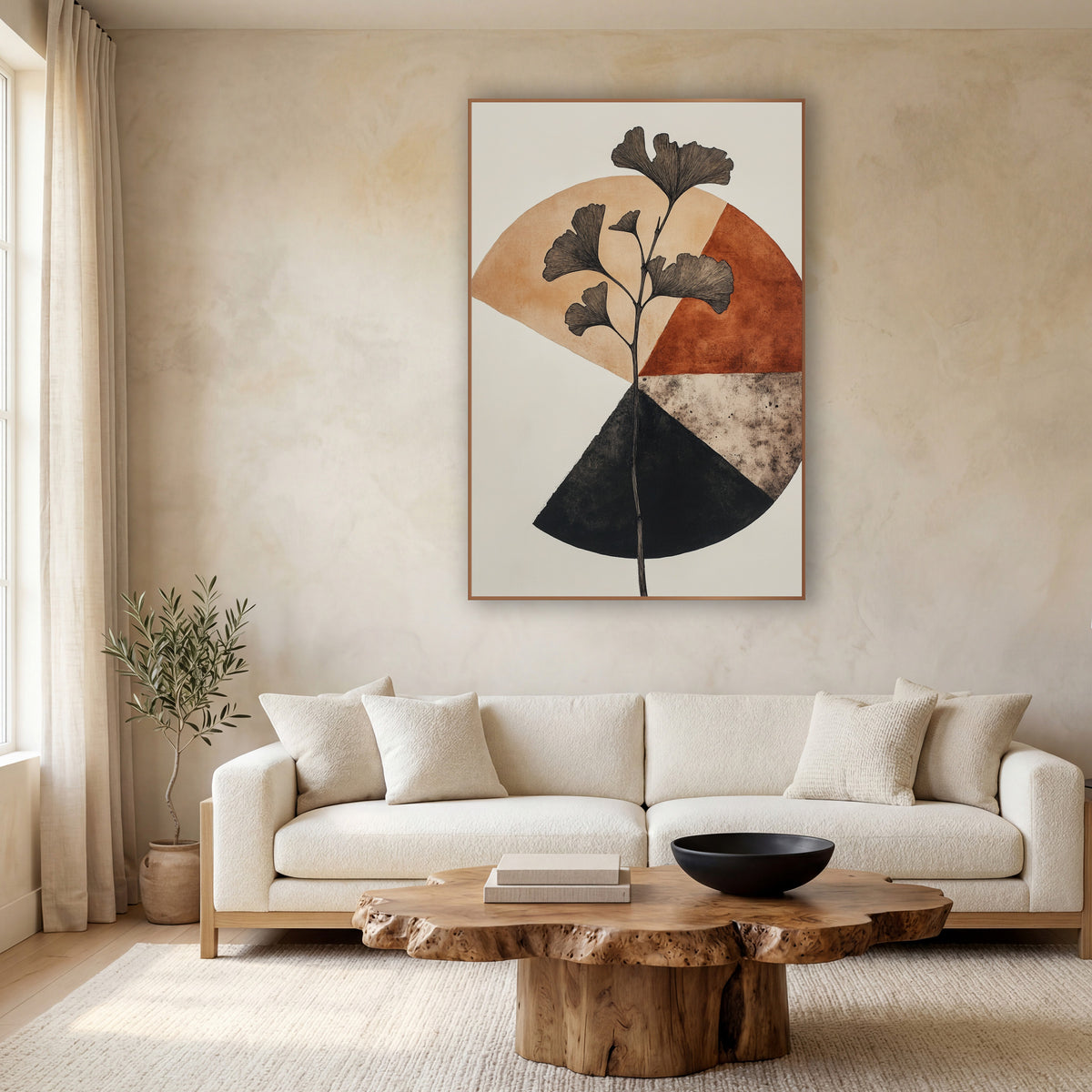 Ginkgo Branch Geometric Japandi wall art in a calm Japandi-style room – ginkgo branch with fan-shaped leaves
