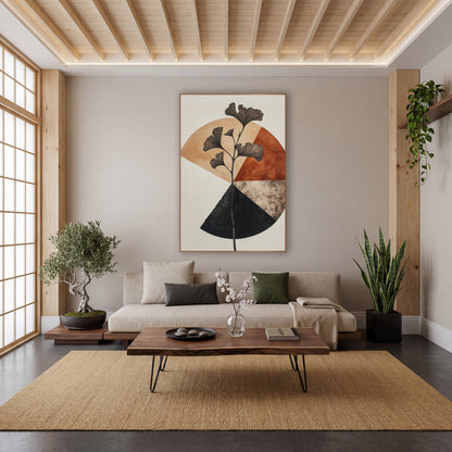 Ginkgo Branch Geometric Japandi wall art in a calm Japandi-style room – ginkgo branch with fan-shaped leaves