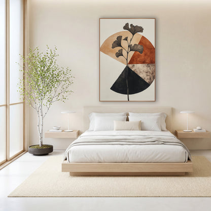 Ginkgo Branch Geometric Japandi wall art in a calm Japandi-style room – ginkgo branch with fan-shaped leaves