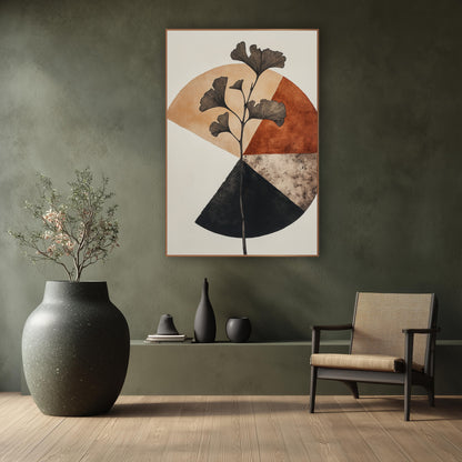 Ginkgo Branch Geometric Japandi wall art in a calm Japandi-style room – ginkgo branch with fan-shaped leaves