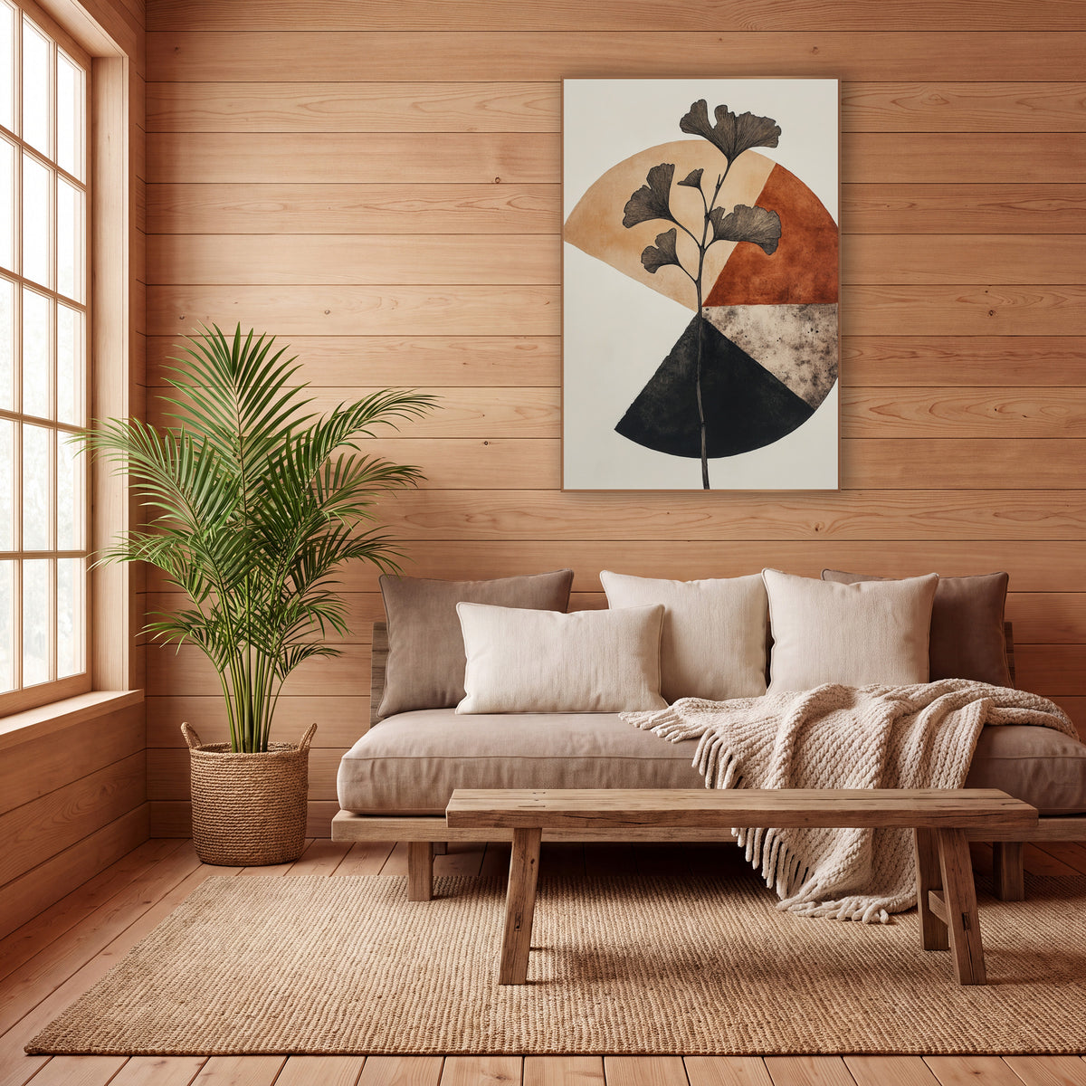 Ginkgo Branch Geometric Japandi wall art in a calm Japandi-style room – ginkgo branch with fan-shaped leaves