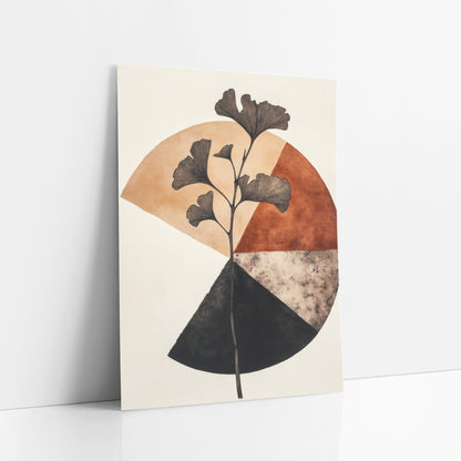 Ginkgo Branch Geometric Japandi art print leaning against a white wall – ginkgo branch with fan-shaped leaves over a circle