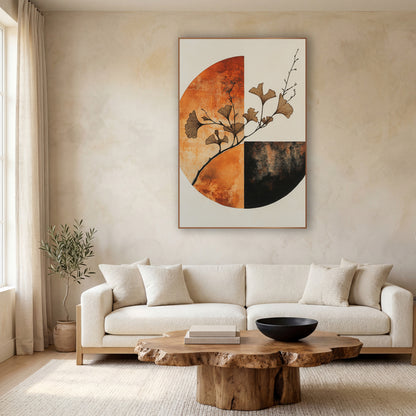 Rust Ginkgo Quarter Circle Japandi wall art in a calm Japandi-style room – ginkgo branch with tan fan-shaped leaves