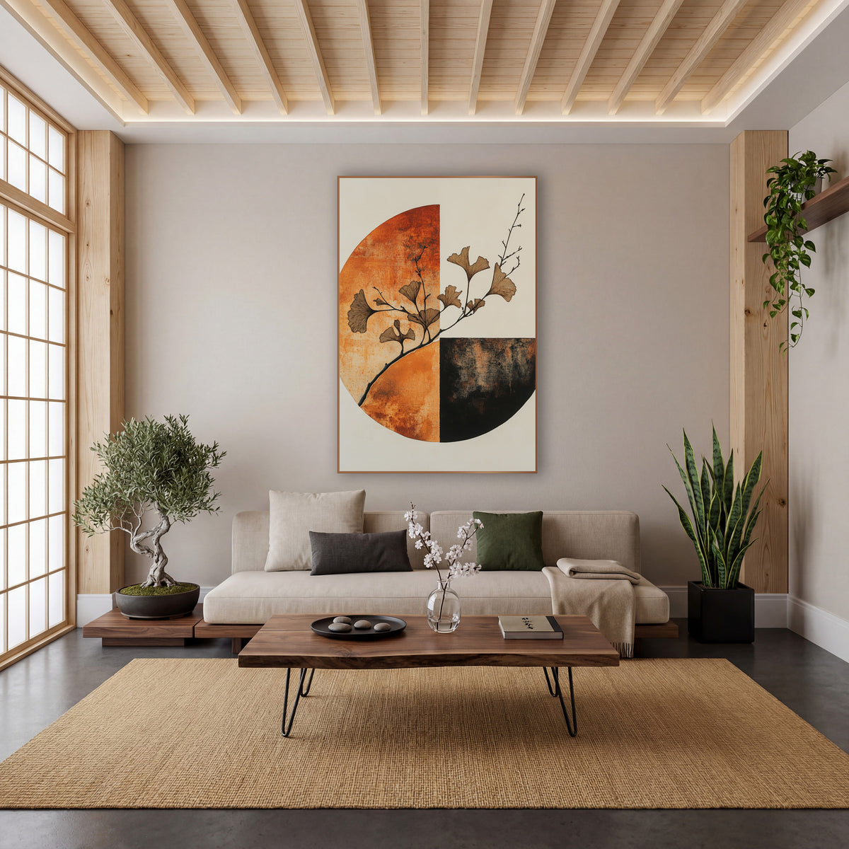 Rust Ginkgo Quarter Circle Japandi wall art in a calm Japandi-style room – ginkgo branch with tan fan-shaped leaves
