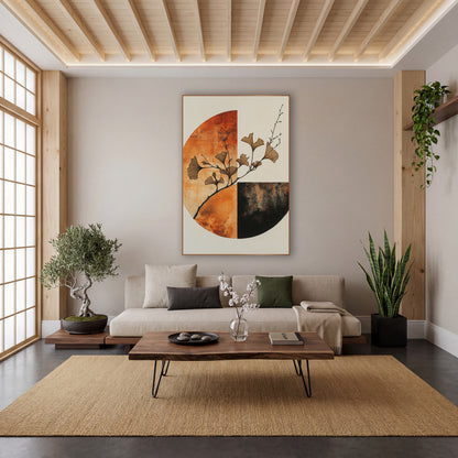 Rust Ginkgo Quarter Circle Japandi wall art in a calm Japandi-style room – ginkgo branch with tan fan-shaped leaves