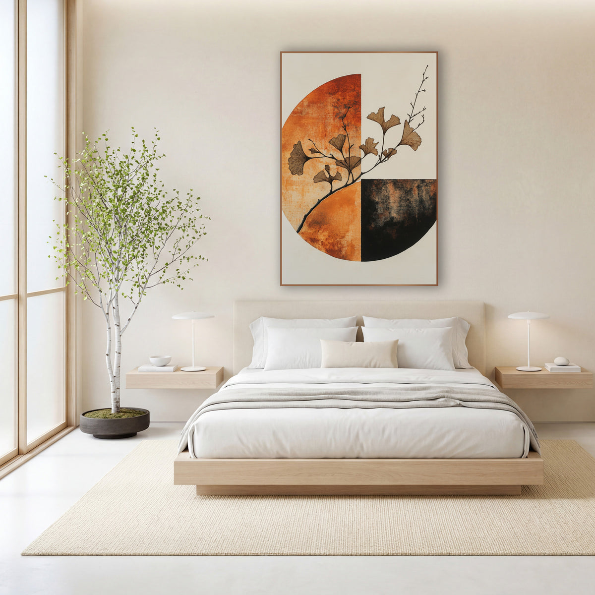 Rust Ginkgo Quarter Circle Japandi wall art in a calm Japandi-style room – ginkgo branch with tan fan-shaped leaves