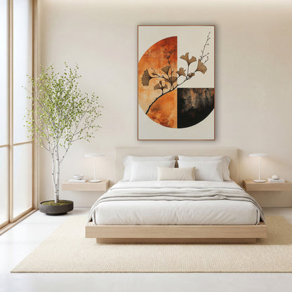 Rust Ginkgo Quarter Circle Japandi wall art in a calm Japandi-style room – ginkgo branch with tan fan-shaped leaves