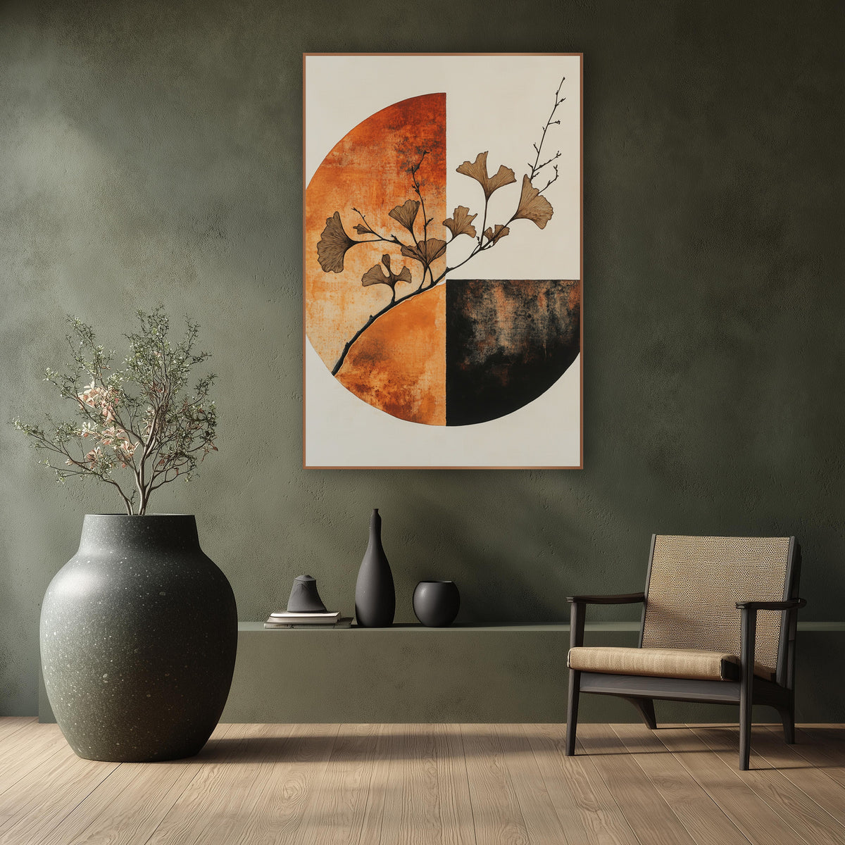 Rust Ginkgo Quarter Circle Japandi wall art in a calm Japandi-style room – ginkgo branch with tan fan-shaped leaves
