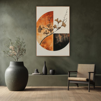 Rust Ginkgo Quarter Circle Japandi wall art in a calm Japandi-style room – ginkgo branch with tan fan-shaped leaves