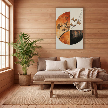Rust Ginkgo Quarter Circle Japandi wall art in a calm Japandi-style room – ginkgo branch with tan fan-shaped leaves