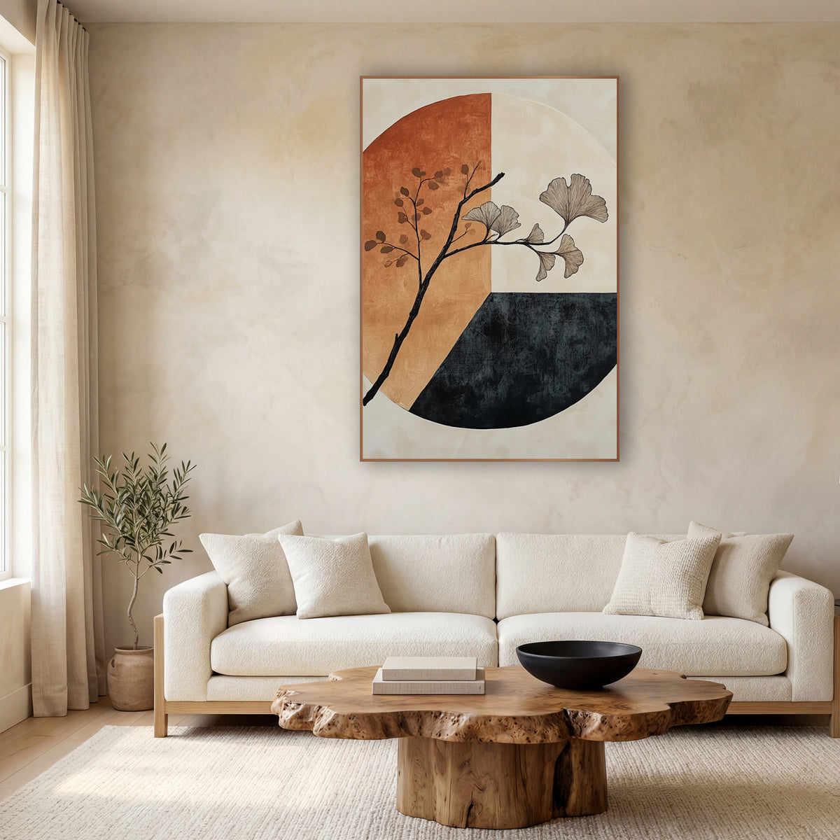 Ginkgo Branch Ivory Slate Circle wall art in a calm Japandi-style room – black ginkgo branch with fan leaves